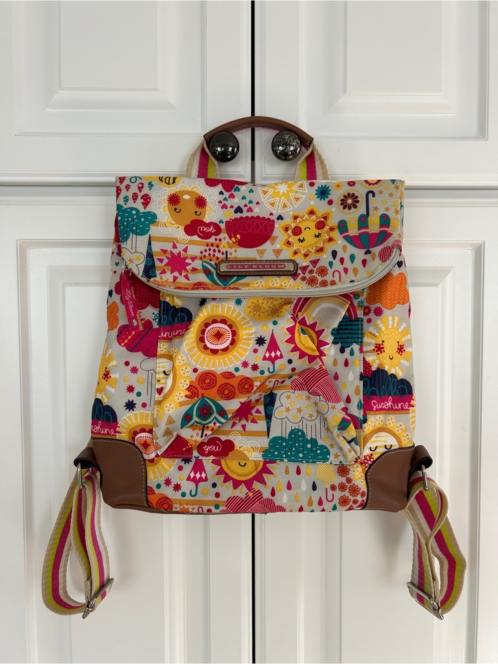 Lily Bloom Colorful Sunshine Pattern Canvas Backpack - Brown Trim
